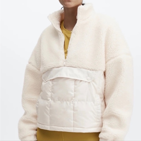 Fabletics Nelly Mixed Media Half Zip Puffer Sherpa Jacket Size Medium NWOT Ivory - Picture 3 of 14